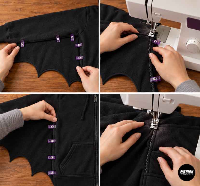 Close-up sewing tutorial showing a black bat wing clipped and stitched along the side and sleeve of a zip-up hoodie using a sewing machine.