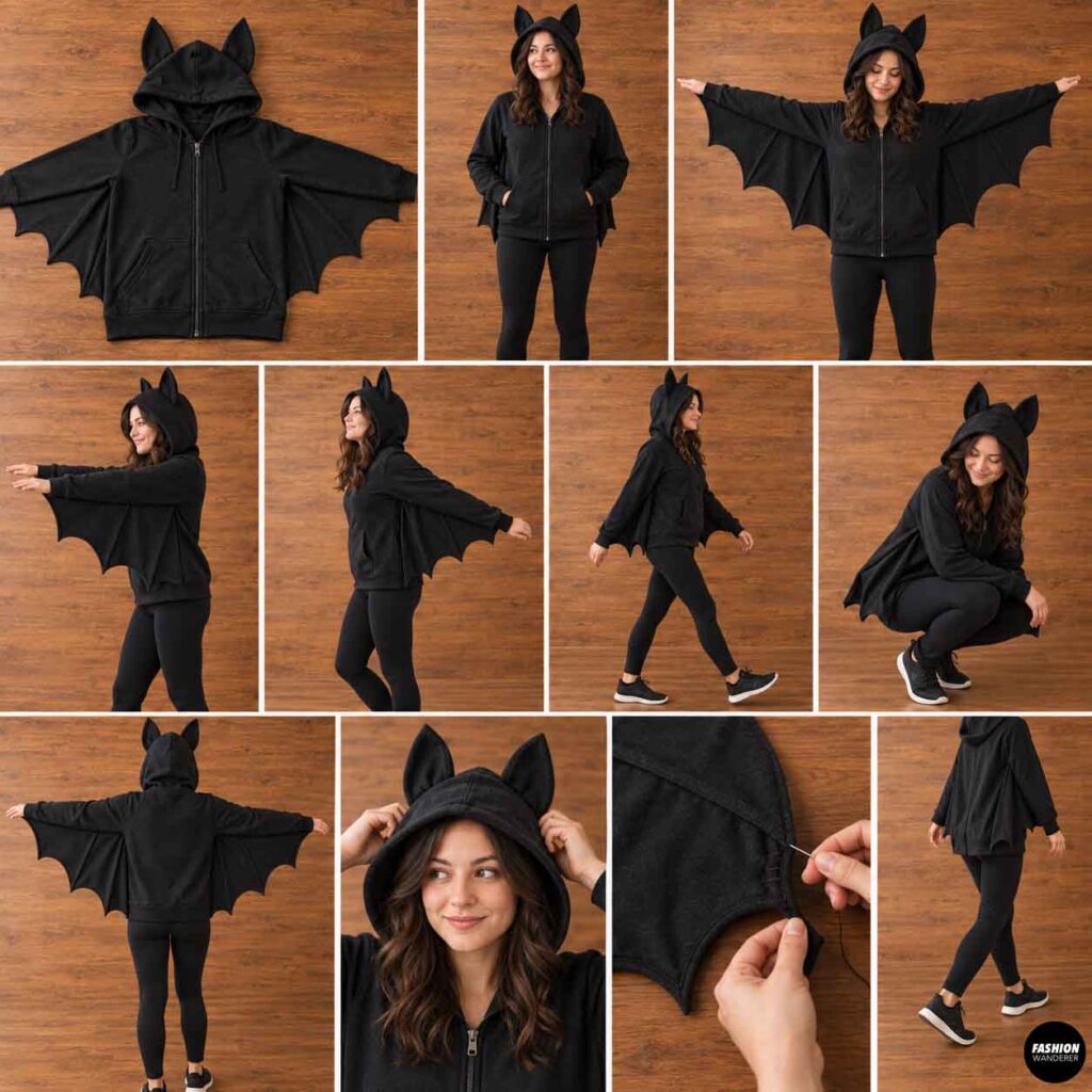 Woman modeling a finished black hoodie bat costume with fabric wings and pointed ears in front, side, back, walking, crouching, and arms-out poses to check fit, movement, comfort, and wing security.