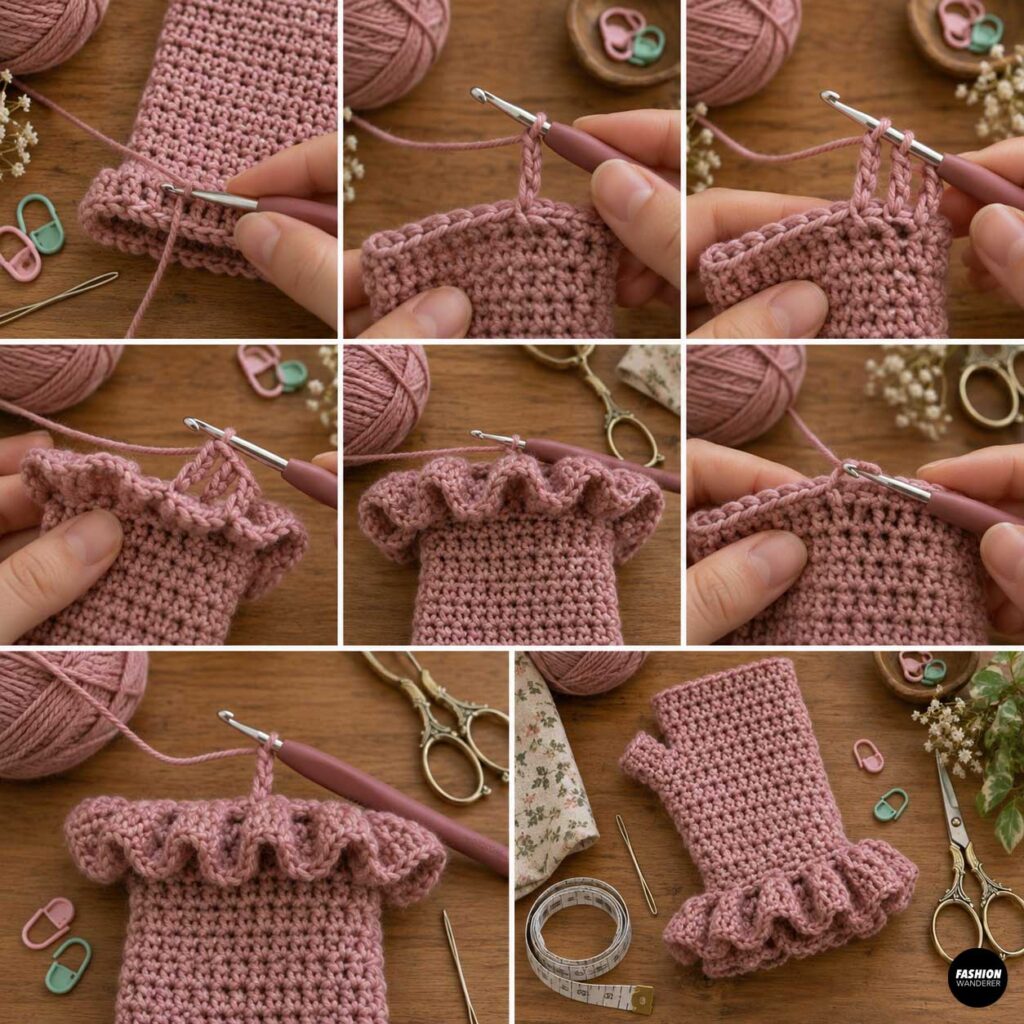 Step-by-step crochet collage showing stitches worked around the wrist edge to create a full decorative ruffle cuff on a pink fingerless glove.