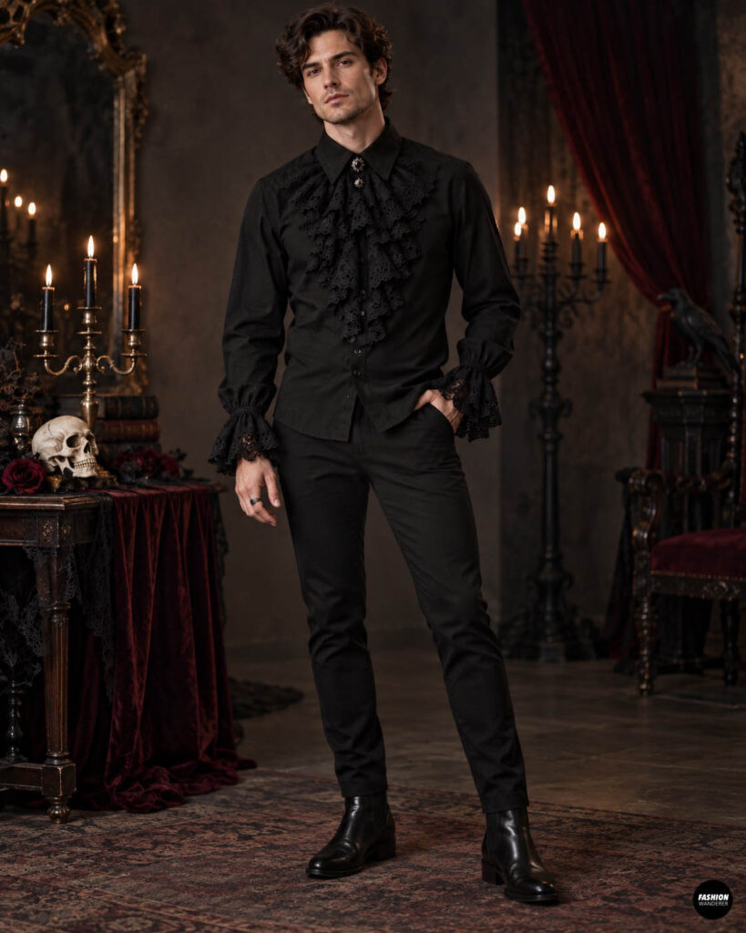 Man wearing a DIY modern vampire Halloween outfit with a black button-up shirt featuring dramatic black lace ruffles and cuffs, black trousers, ankle boots, and gothic candlelit décor.