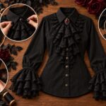 Finished modern vampire shirt made from a black button-up with layered black lace jabot, ornate red gemstone brooch, decorative buttons, and ruffled lace sleeve cuffs.