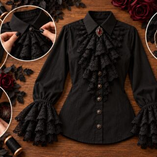 Finished modern vampire shirt made from a black button-up with layered black lace jabot, ornate red gemstone brooch, decorative buttons, and ruffled lace sleeve cuffs.