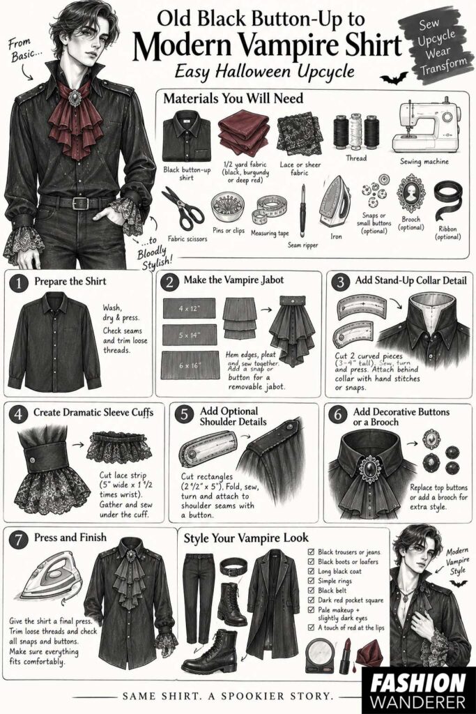 Black-and-white step-by-step infographic showing how to turn an old black button-up shirt into a modern vampire shirt with lace jabot, dramatic cuffs, stand-up collar, shoulder details, decorative buttons, and brooch.