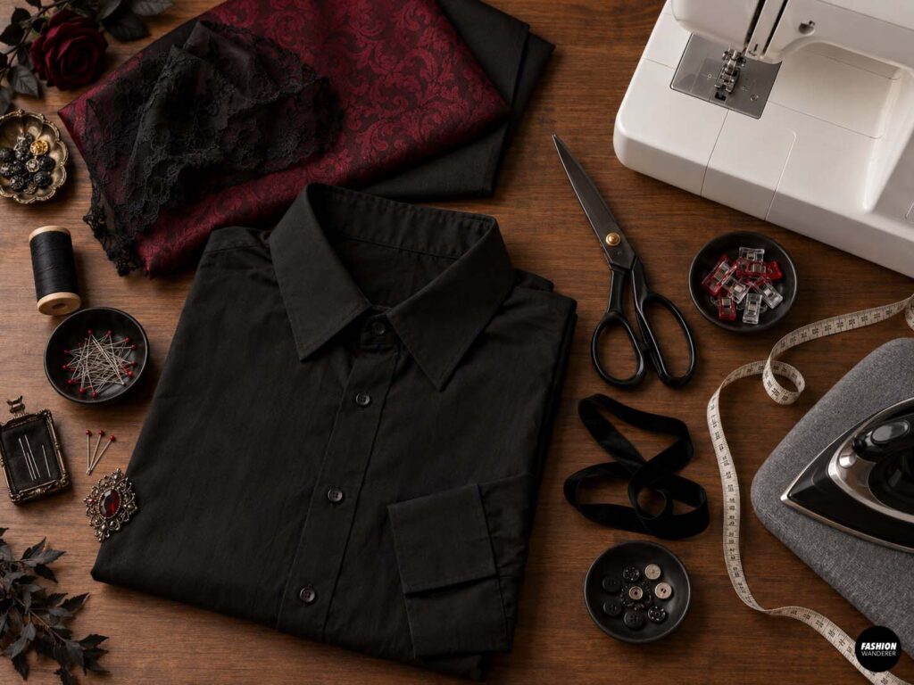 DIY vampire shirt materials flat lay with black button-up shirt, burgundy fabric, black lace, sewing machine, thread, scissors, measuring tape, pins, buttons, ribbon, brooch, and iron.