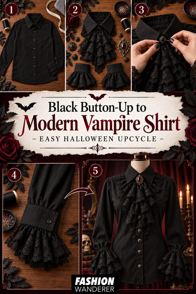 Pinterest tutorial pin for Black Button-Up to Modern Vampire Shirt showing a plain black shirt transformed with a lace jabot, decorative brooch, and dramatic lace cuffs.