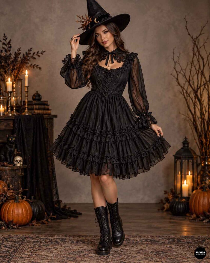 Woman modeling a black gothic witch dress with sheer sleeves, corset-style bodice, layered ruffle skirt, black lace details, pointed witch hat, and black lace-up boots in a moody Halloween setting.