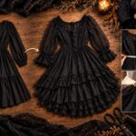 Before-and-after black dress upcycle showing a simple black dress transformed into a modern witch dress with sheer sleeves, corset-style bodice, lace trim, and layered ruffle skirt.