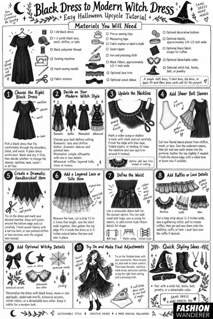 Black-and-white DIY infographic for transforming a black dress into a modern witch dress, with materials list and 10 illustrated Halloween upcycle steps.