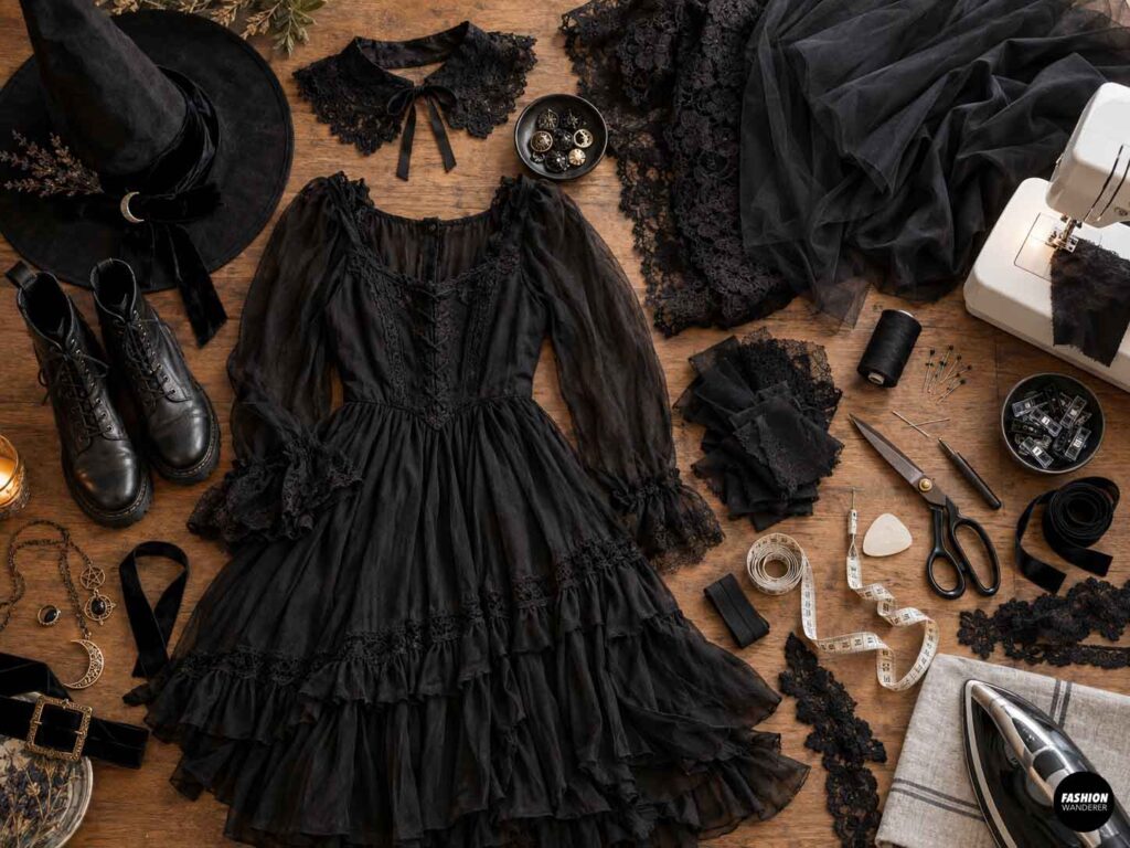 Flat lay of materials for a black dress to modern witch dress upcycle, including gothic black dress, witch hat, boots, lace, tulle, ribbon, scissors, thread, measuring tape, sewing machine, and iron.