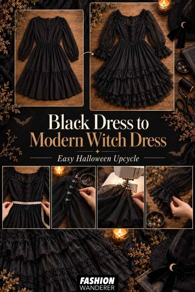 Vertical Pinterest pin showing a before-and-after black dress transformation into a modern witch dress with lace, sheer sleeves, layered ruffles, and step-by-step sewing detail photos.