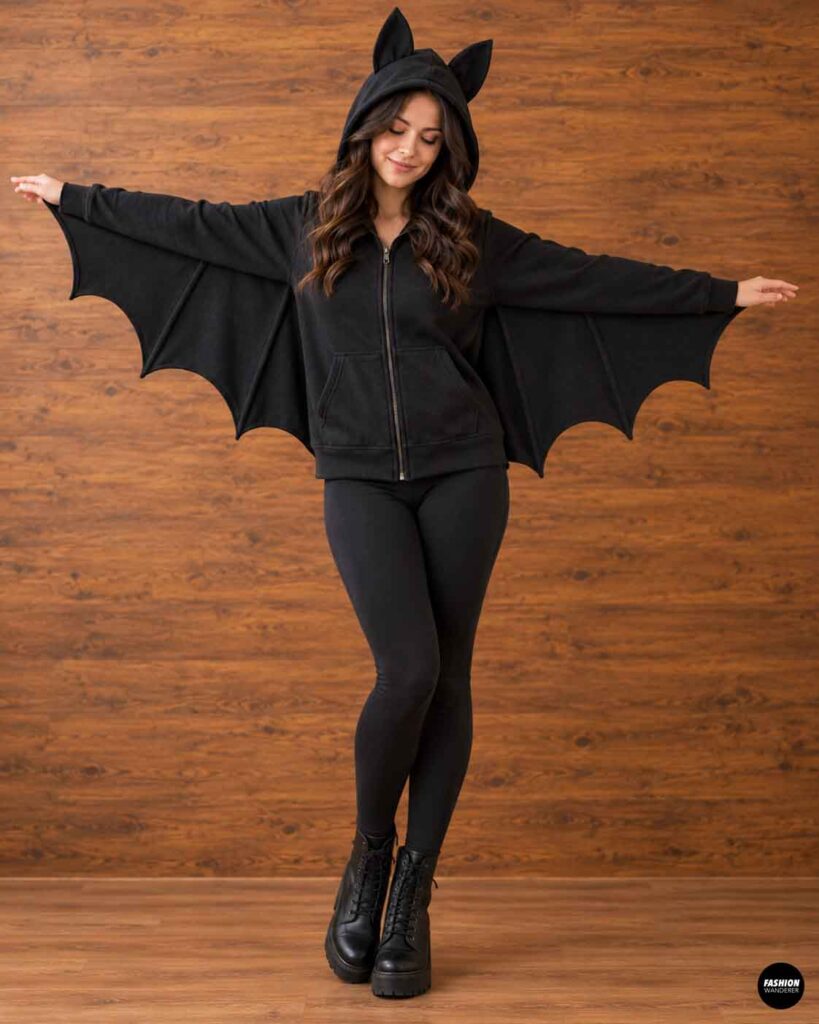 Woman wearing a DIY black zip-up hoodie bat costume with pointed ears, large black bat wings attached under the sleeves, black leggings, and lace-up boots against a warm wood background.