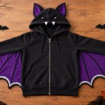 Finished DIY black hoodie bat costume laid flat with large purple fabric wings, pointed bat ears, button eyes, and white fangs, styled with pumpkins, bats, and Halloween decorations.