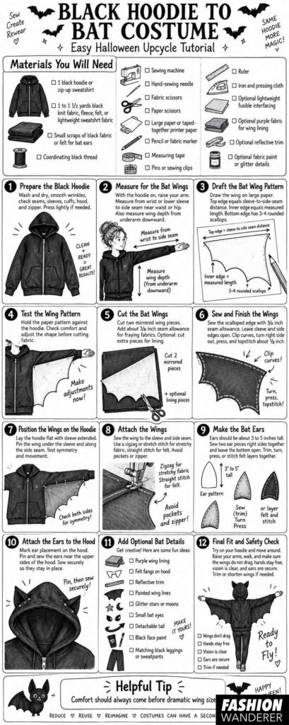 Black-and-white sewing infographic showing materials and 12 beginner-friendly steps for turning a black zip-up hoodie into a DIY bat costume with wings and ears.