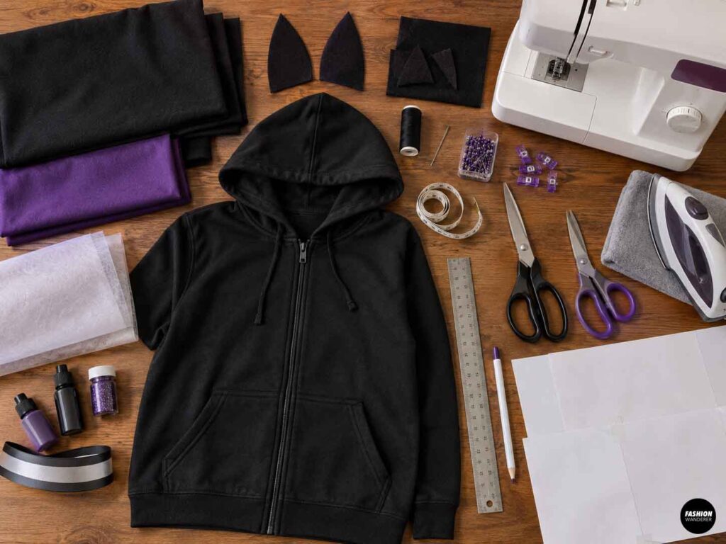 Black zip-up hoodie surrounded by black and purple fabric, bat ear pieces, thread, sewing machine, scissors, ruler, measuring tape, pins, clips, iron, paper, and craft supplies for a DIY Halloween bat costume.