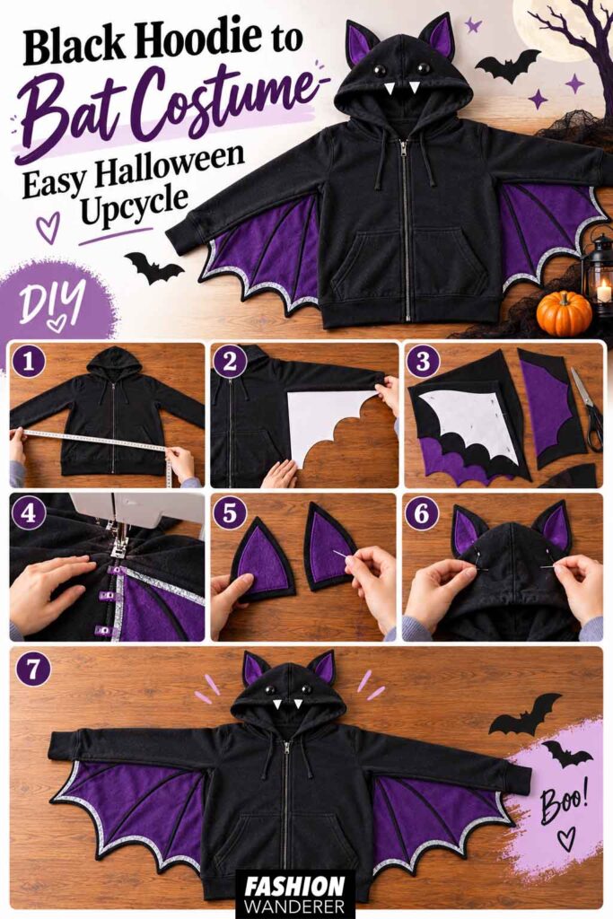 Vertical DIY Halloween tutorial pin showing a black hoodie transformed into a purple-winged bat costume with step photos for measuring, cutting, sewing wings, making ears, and finishing the costume.