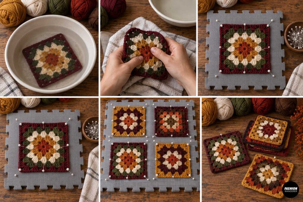 Crochet blocking tutorial showing fall-colored granny squares soaked, gently shaped, pinned to blocking mats, and left to dry flat.