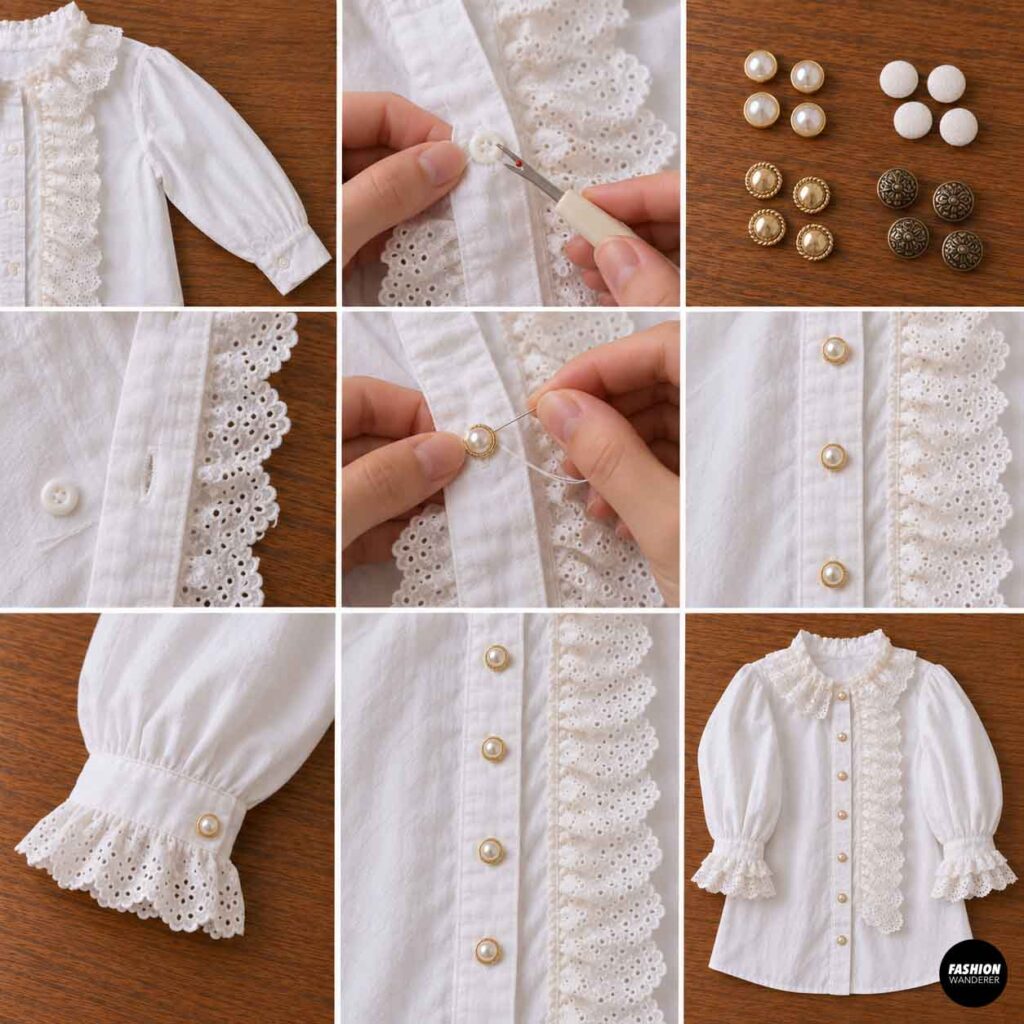 Original white shirt buttons being removed and replaced with decorative pearl-and-gold buttons to give the blouse a vintage Victorian finish.
