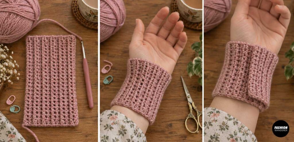 Crochet tutorial collage showing a finished pink rectangular glove panel wrapped around the wrist to check the fit before seaming.