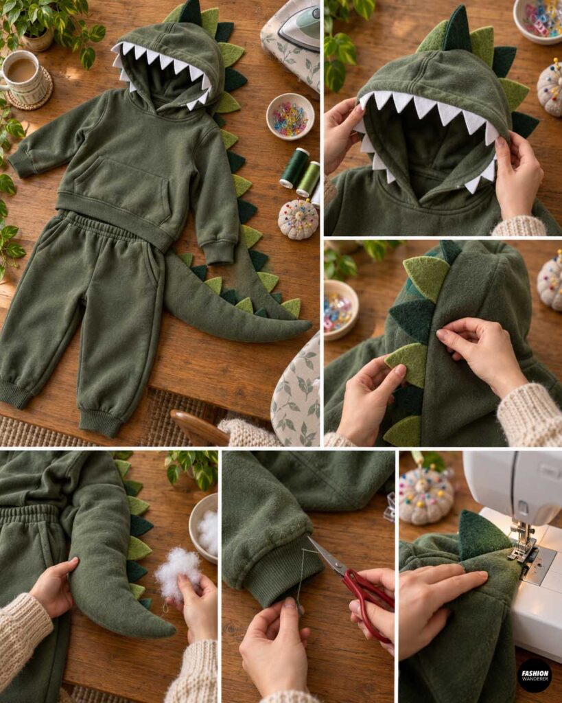 Collage showing the completed green dinosaur hoodie and sweatpants with alternating felt spikes, stuffed tail, hood teeth, and matching dinosaur accessories while the seams, tail, and decorations are checked for comfort and security.