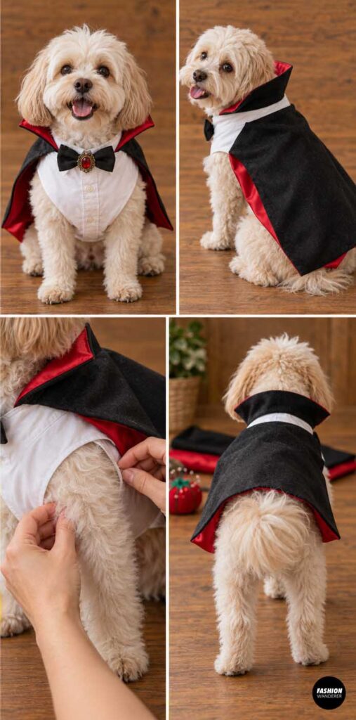 Small fluffy dog modeling a finished DIY vampire costume made from an old men&rsquo;s shirt, featuring a white shirt front, black bow tie, high black cape, and red lining shown from front, side, and back views.