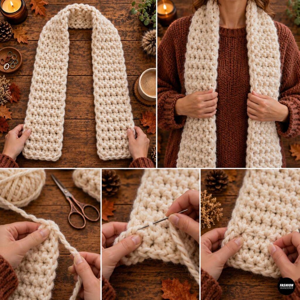 Finished chunky cream crochet scarf laid flat and modeled around the neck, with close-up photos showing how to fasten off and weave in yarn ends.