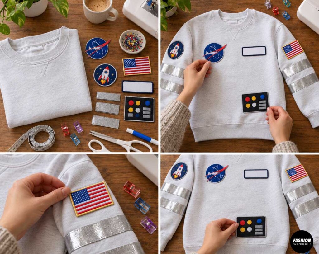 White sweatshirt laid on a wooden table with space-themed patches, reflective silver strips, measuring tape, scissors, clips, and sewing supplies while the astronaut costume design is planned.