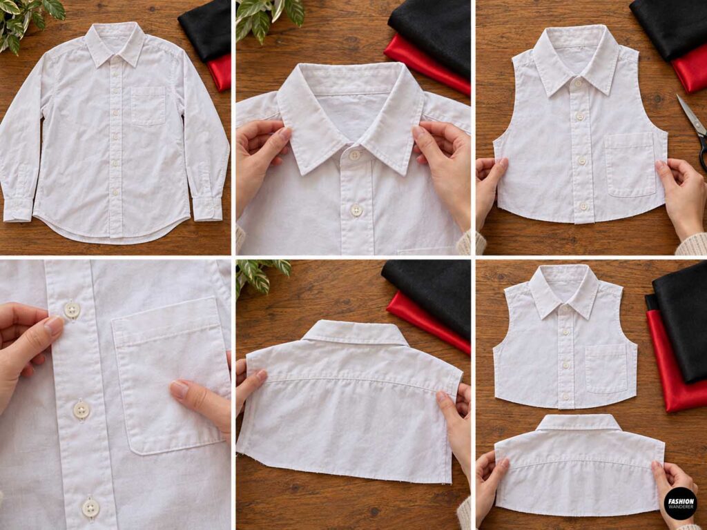 Collage showing a white men&rsquo;s button-up shirt being trimmed into a sleeveless dog vest while preserving the original collar, button placket, and shirt back.