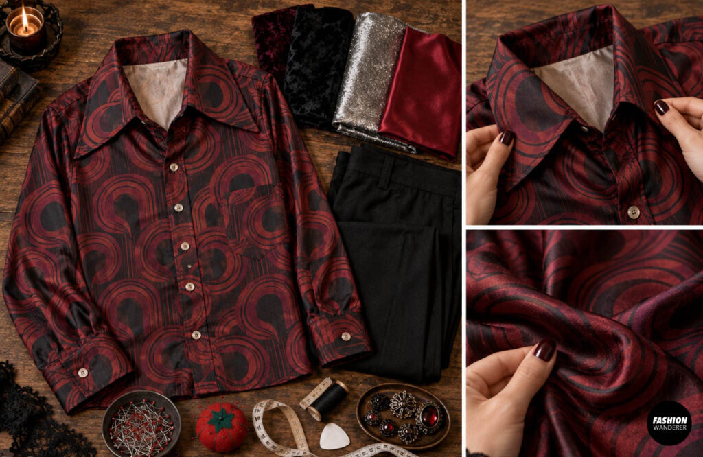 Retro red and black patterned button-up shirt laid flat with black trousers, velvet fabrics, sewing tools, and vintage vampire accessories for a 1970s disco vampire costume.