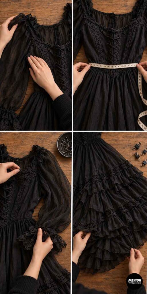 Black gothic dress with sheer sleeves, lace trim, corset-style bodice, and layered ruffle skirt being inspected and measured on a wooden worktable.