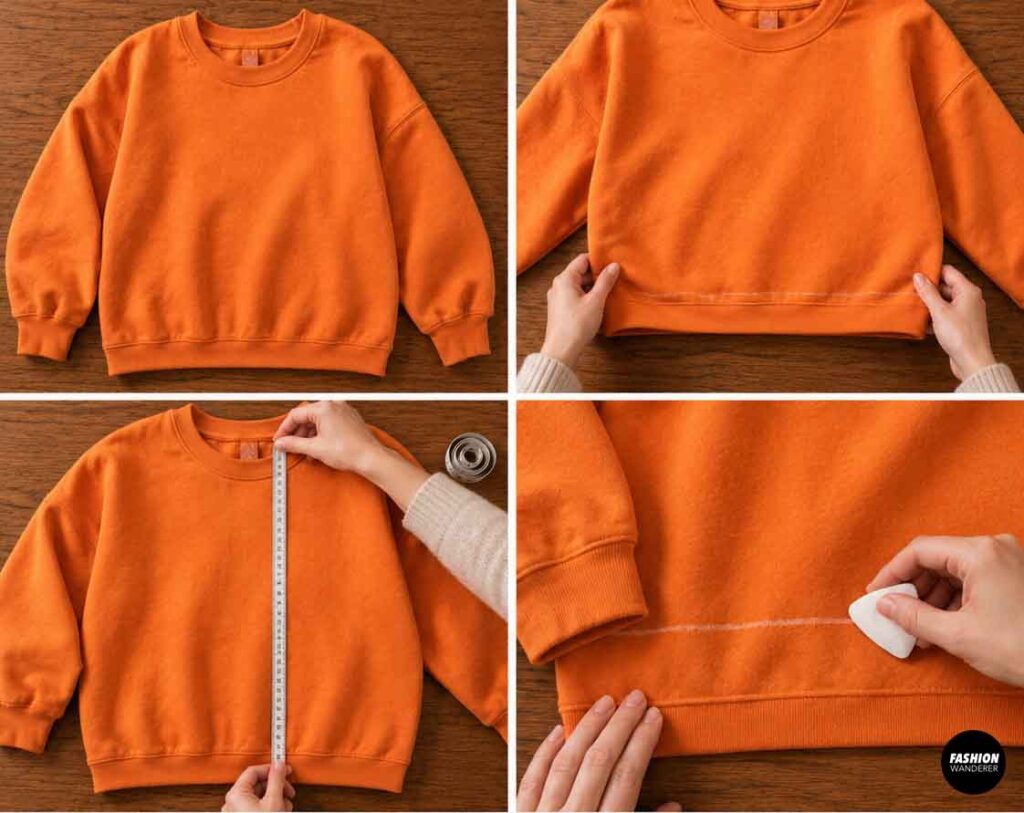Orange oversized sweatshirt laid flat on a wooden table while checking the fit, length, and overall shape for a DIY pumpkin dress Halloween upcycle.