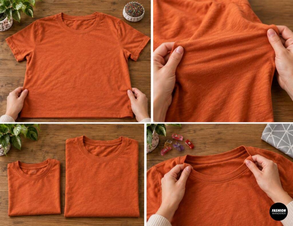 Collage showing an old orange T-shirt laid flat on a wooden table, close-up of the stretchy knit fabric, folded shirt comparison, and hands checking the neckline before starting a DIY pet costume.
