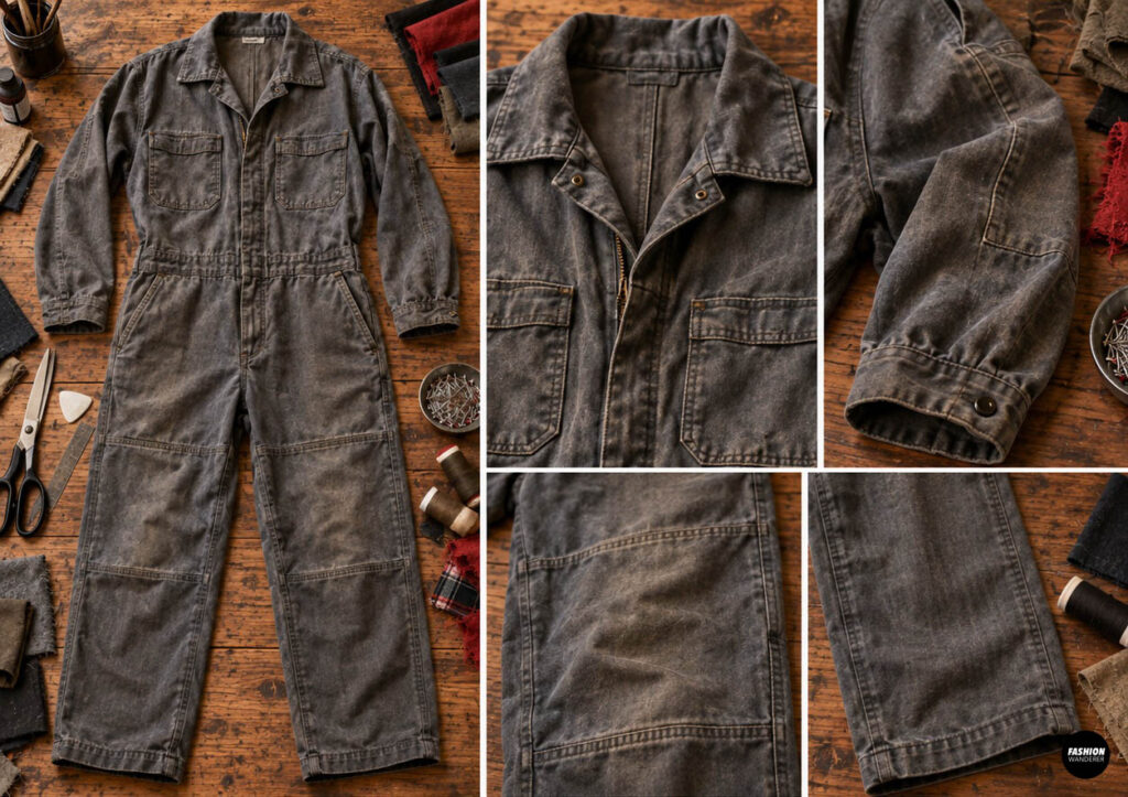 Gray workwear jumpsuit laid flat on a wooden table showing the collar, zipper, pockets, sleeves, cuffs, and legs before creating a DIY zombie mechanic Halloween costume.