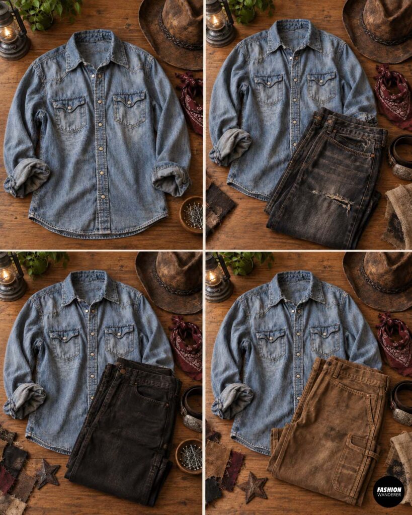 Vintage blue denim western shirt styled with distressed black jeans, cowboy hat, red bandana, belt, and rustic fabric scraps for an undead cowboy Halloween costume.