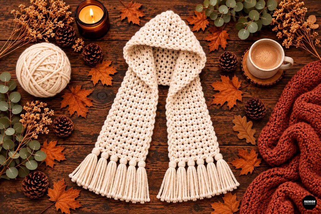 Cream chunky crochet hooded scarf with long fringe displayed on a rustic wooden table surrounded by autumn leaves, pinecones, yarn, eucalyptus, and a warm cup of coffee.