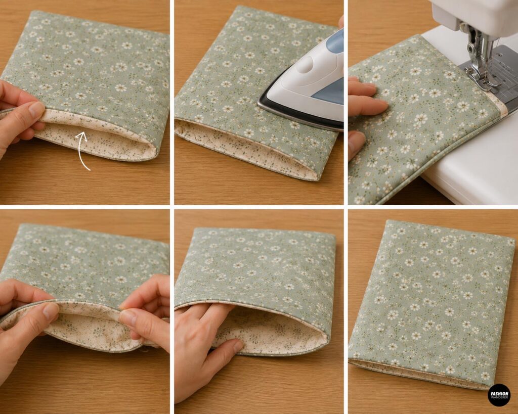 How to fold, press, and stitch the lining opening closed when sewing a beginner-friendly padded fabric book sleeve.