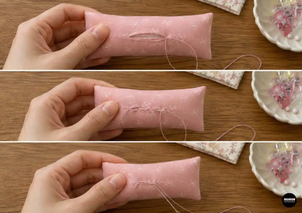 Three-step close-up showing the turning opening of a stuffed pink fabric bow being hand sewn closed with matching pink thread using small invisible ladder stitches.