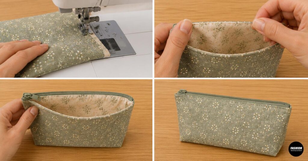 Final DIY pencil pouch sewing steps showing the lining opening stitched closed, lining tucked inside and finished sage green floral zipper pencil case pressed and ready to use.