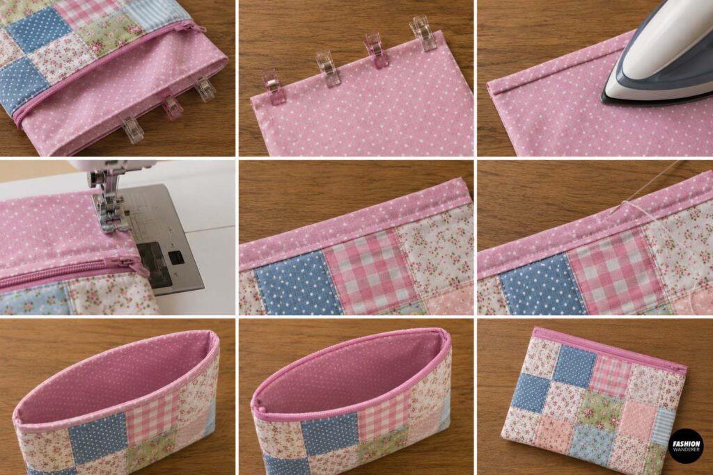 Pink polka-dot lining opening folded inward, pressed, and stitched closed before the lining is pushed neatly inside the pastel patchwork zipper pouch.
