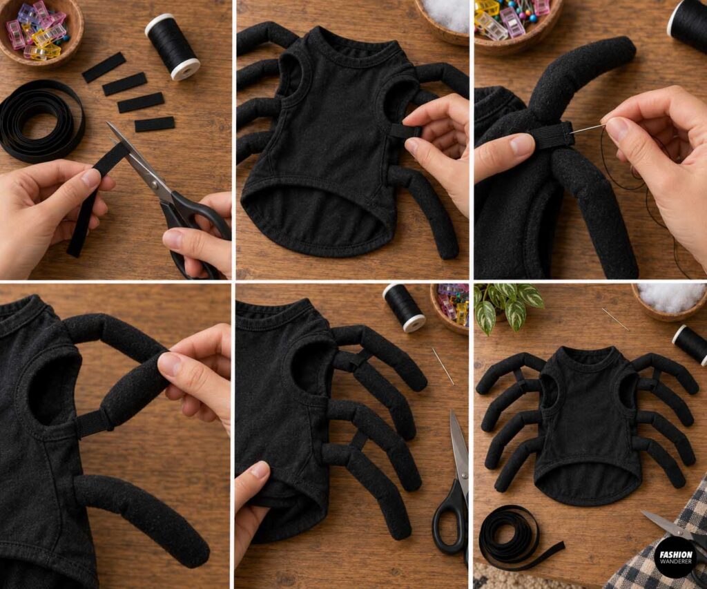 Collage showing short black elastic pieces cut and hand sewn between neighboring spider legs to help the eight legs move together and maintain their spooky shape.