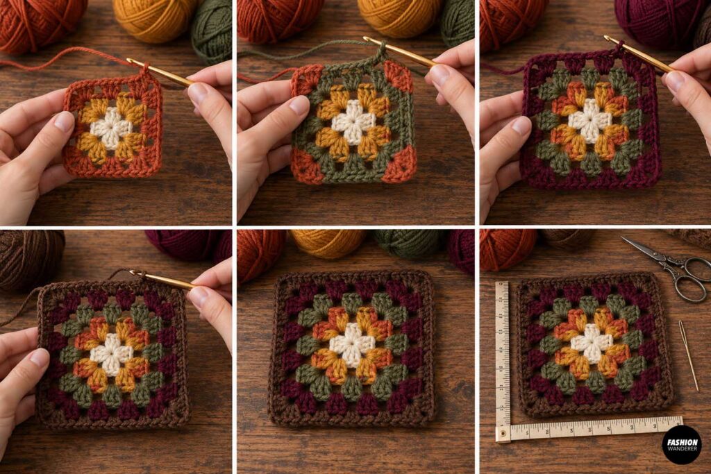 Crochet tutorial showing additional olive green, burgundy, and brown rounds added to a fall-colored granny square until it reaches the desired size.