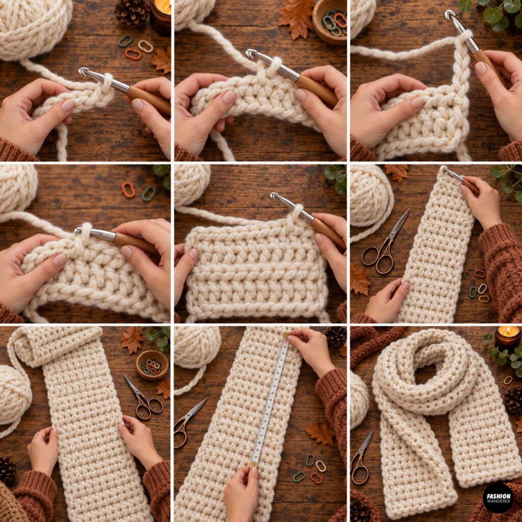Step-by-step photos showing a chunky cream crochet scarf growing in length with half double crochet rows and measuring tape.