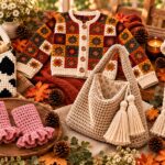 Fall crochet project collection featuring a cow print shoulder bag, granny-square cardigan, pink ruffle fingerless gloves, slouchy tassel bag, and chunky hooded scarf styled with pumpkins, leaves, pinecones, flowers, and warm autumn d&eacute;cor.