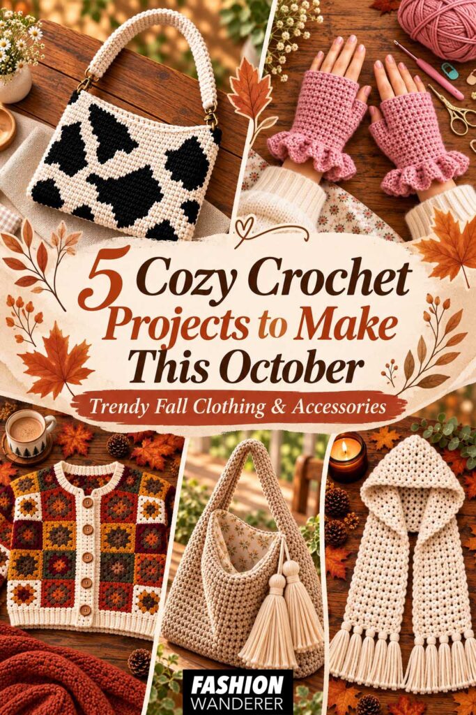 Vertical Pinterest collage featuring five trendy fall crochet projects—a cow print bag, pink ruffle gloves, granny-square cardigan, slouchy tassel bag, and chunky hooded scarf—with autumn leaves and cozy seasonal styling.