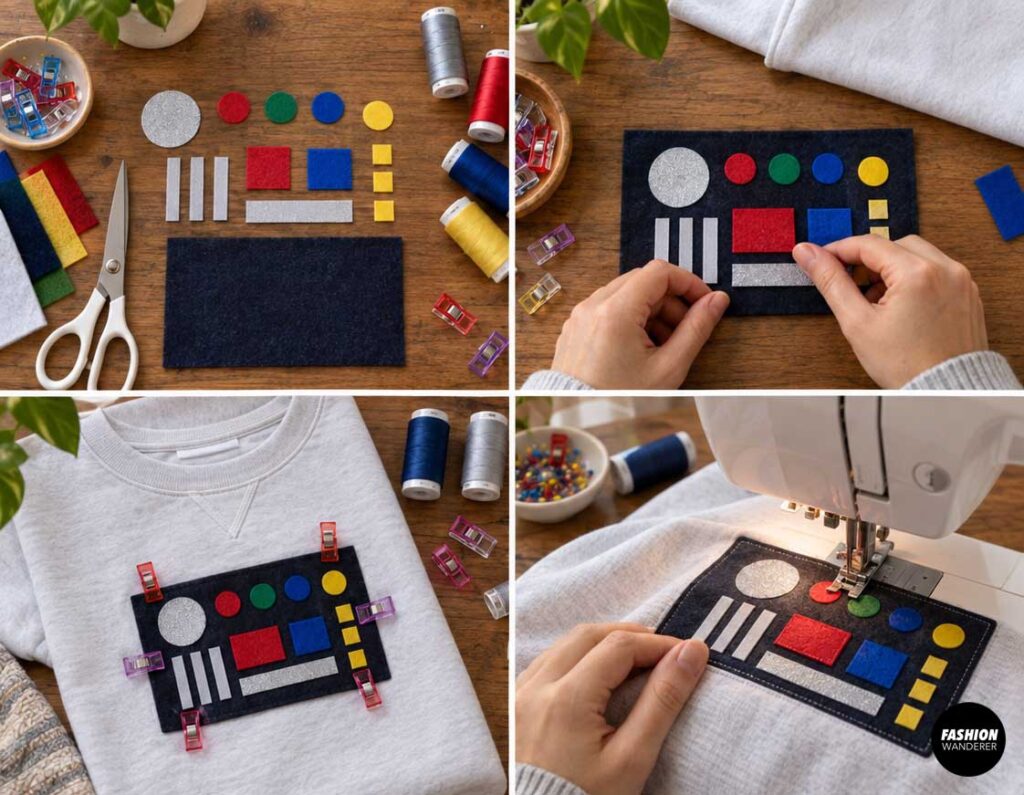Four-photo tutorial showing how to make a felt astronaut control panel with colorful buttons, arrange the pieces on navy felt, clip the panel to a white sweatshirt, and sew it securely in place.