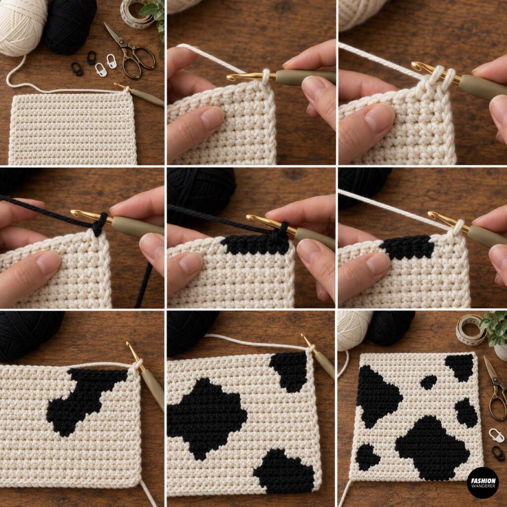 Crochet tutorial collage showing black yarn being added to a cream crochet panel to create irregular cow print spots for a handmade shoulder bag.