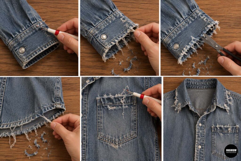 Close-up tutorial showing how to distress a denim cowboy shirt by cutting, pulling threads, and fraying the cuffs, hem, pocket, and collar.