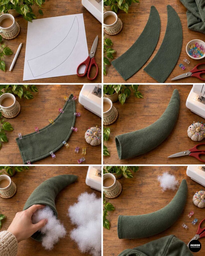 Curved dinosaur tail pattern is drawn on paper, cut from green fabric, stitched around the edges, turned right side out, and stuffed with polyester fiberfill to create a soft tail.