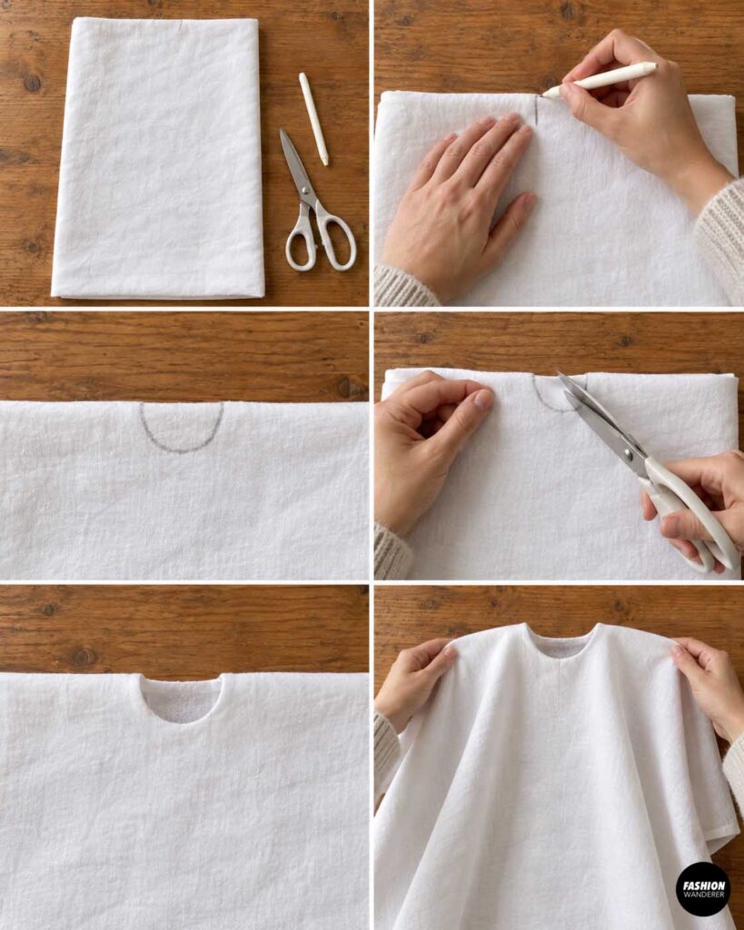 Sewing tutorial collage showing folded white fabric marked at the center neckline, a curved neck opening cut with scissors, and the fabric opened to form a simple dog ghost cape.