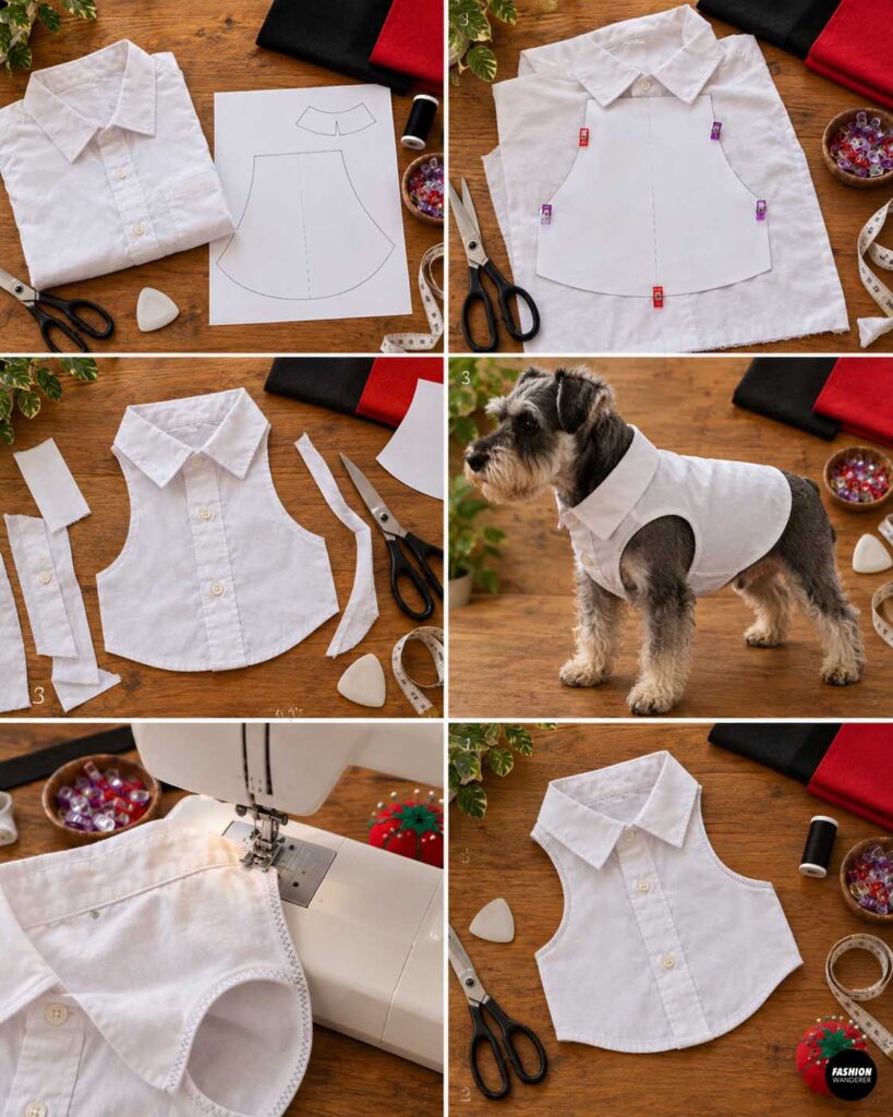 Step-by-step collage showing a paper dog vest pattern placed on an old white men&rsquo;s shirt, the fabric trimmed to shape, edges sewn, and the finished white vest tried on a small dog.