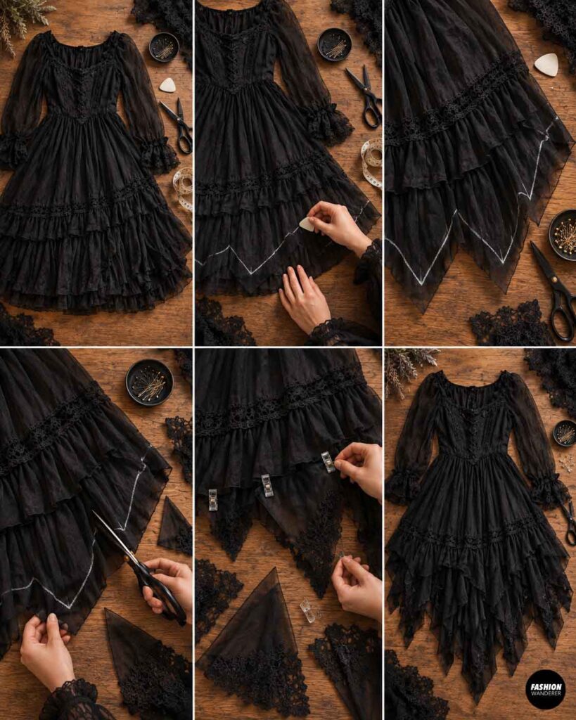 Black layered witch dress skirt marked with chalk, cut into pointed handkerchief shapes, and finished with lace for an asymmetrical Halloween hem.